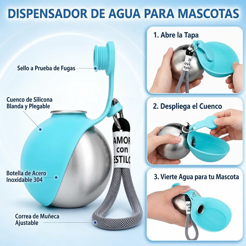 Botella De Agua 2 En 1 Para Perros — Acero Inoxidable 304, 285 Ml, Bol Plegable De Silicona Y Cierre Antiderrame
