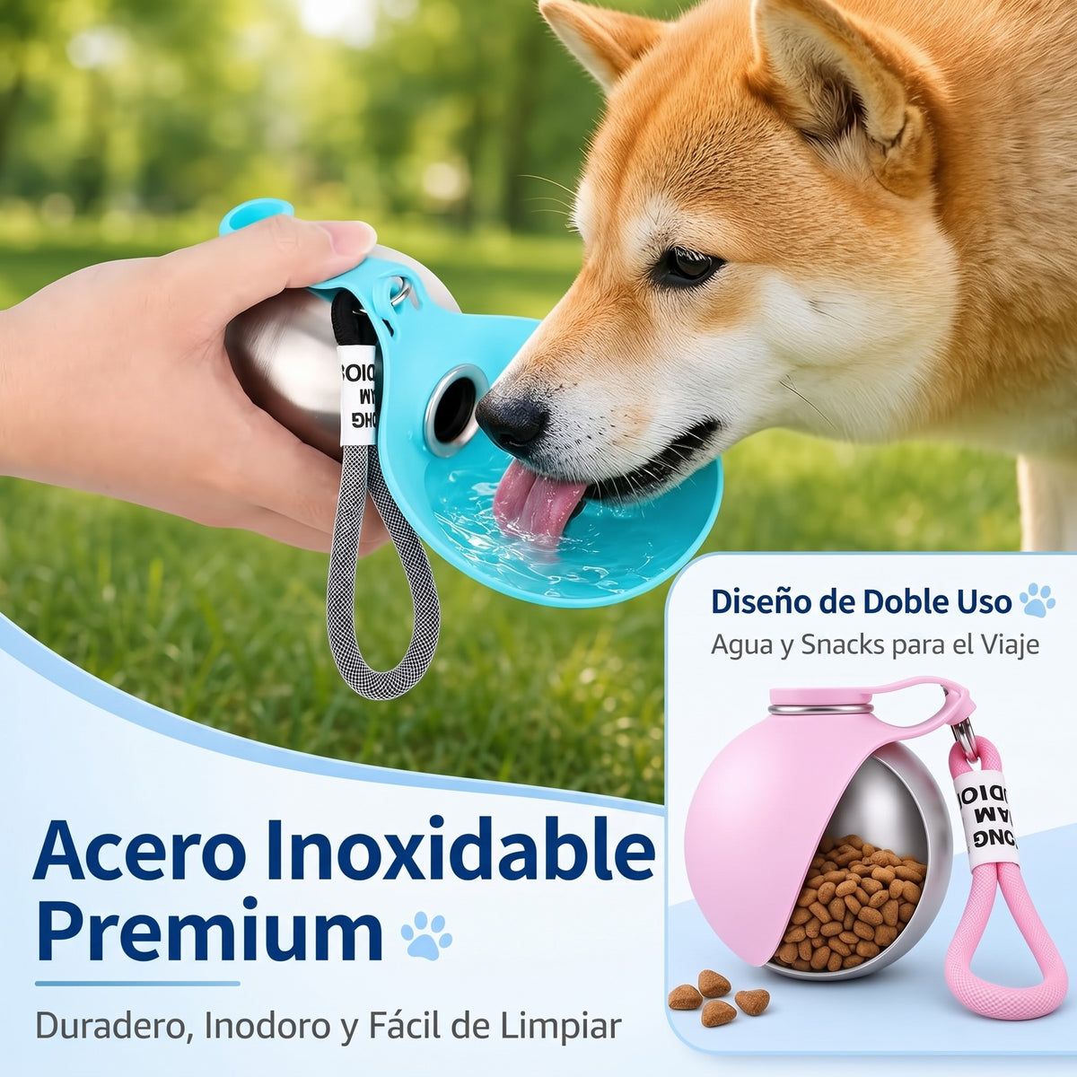 Botella De Agua 2 En 1 Para Perros — Acero Inoxidable 304, 285 Ml, Bol Plegable De Silicona Y Cierre Antiderrame