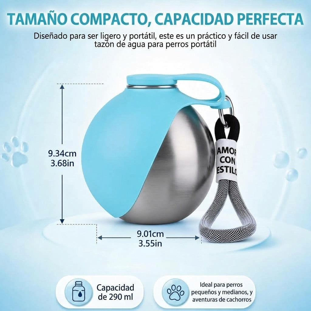 Botella De Agua 2 En 1 Para Perros — Acero Inoxidable 304, 285 Ml, Bol Plegable De Silicona Y Cierre Antiderrame